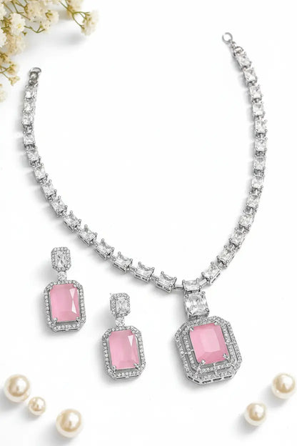 Elegant Pink Stone Necklace Set for Women | Crystal Square Pendant Earrings Set Imitation Jewellery | ImiStyleJewellery - Imistyle Jewellery