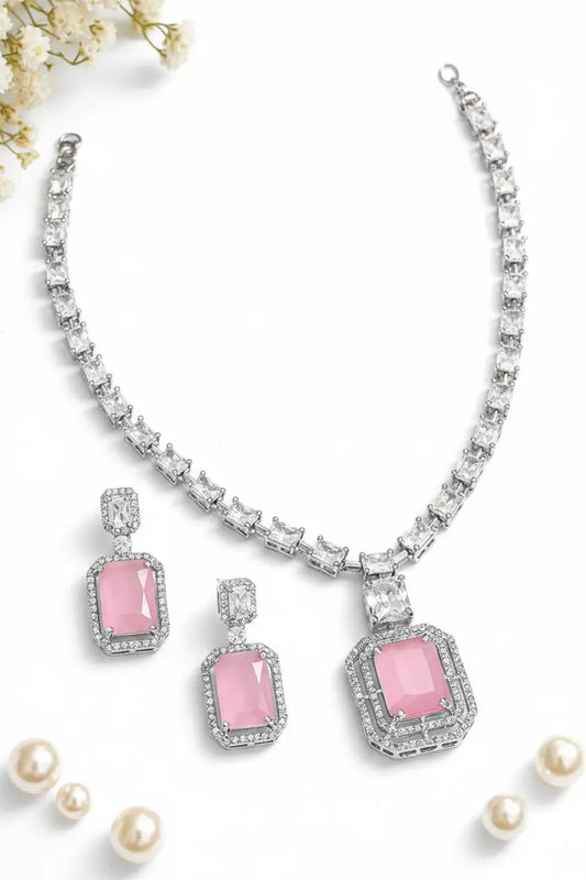 Elegant Pink Stone Necklace Set for Women | Crystal Square Pendant Earrings Set Imitation Jewellery | ImiStyleJewellery - Imistyle Jewellery
