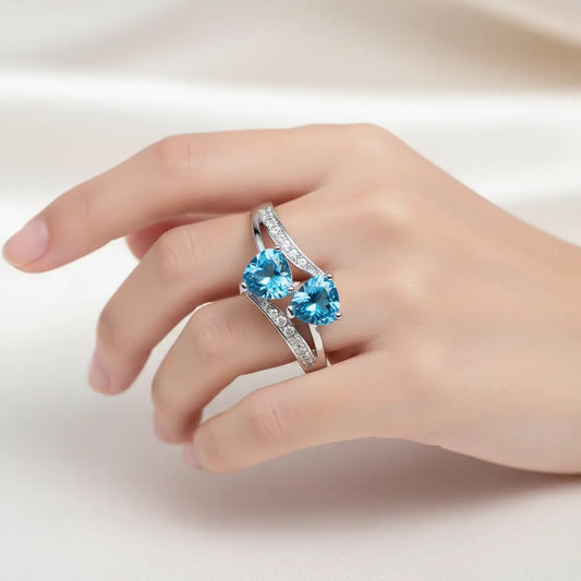 Elegant Blue Heart Stone Ring for Women | Double Stone Crystal Adjustable Imitation Jewellery Ring | ImiStyleJewellery - Imistyle Jewellery