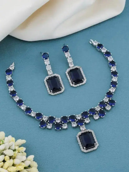 Luxury Rectangle Stone Necklace Set with Earrings | CZ Diamond Jewellery Set (Blue, Red, Pink, Green) - Imistyle Jewellery
