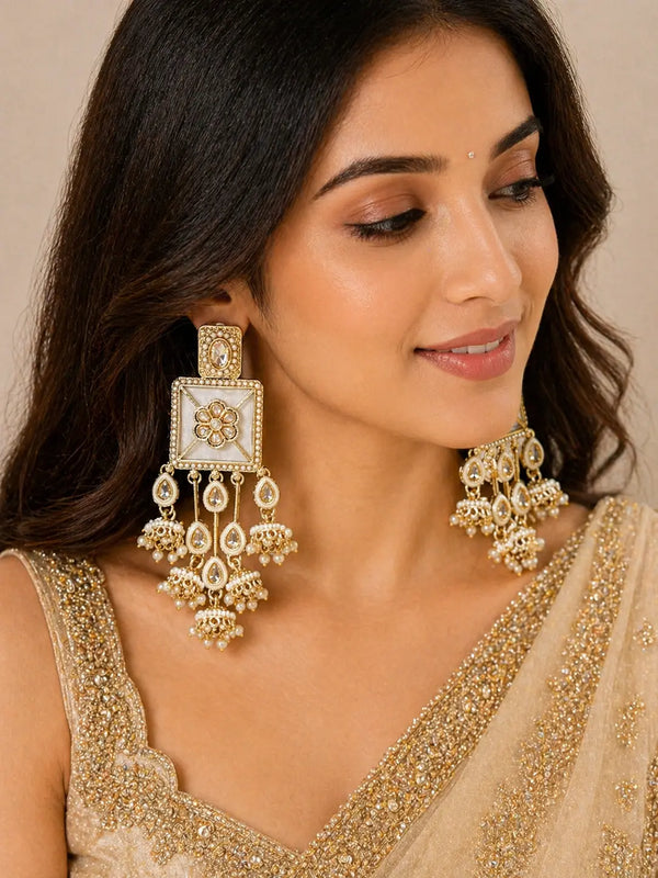 Ivory Pearl Kundan Square Drop Jhumka Earrings for Women | Traditional Bridal Statement Earrings IMISTYLE Jewellery - Imistyle Jewellery