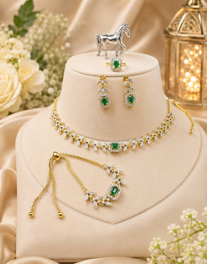 Royal crystal jewelry set with necklace, earrings, ring and bracelet for women, perfect for bridal and party wear.