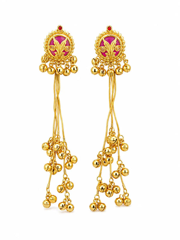 Traditional Gold Plated Long Tassel Jhumka Earrings for Women with Pink Stone & Ghungroo | Ethnic Designer Statement Earrings – IMISTYLE Jewellery - Imistyle Jewellery