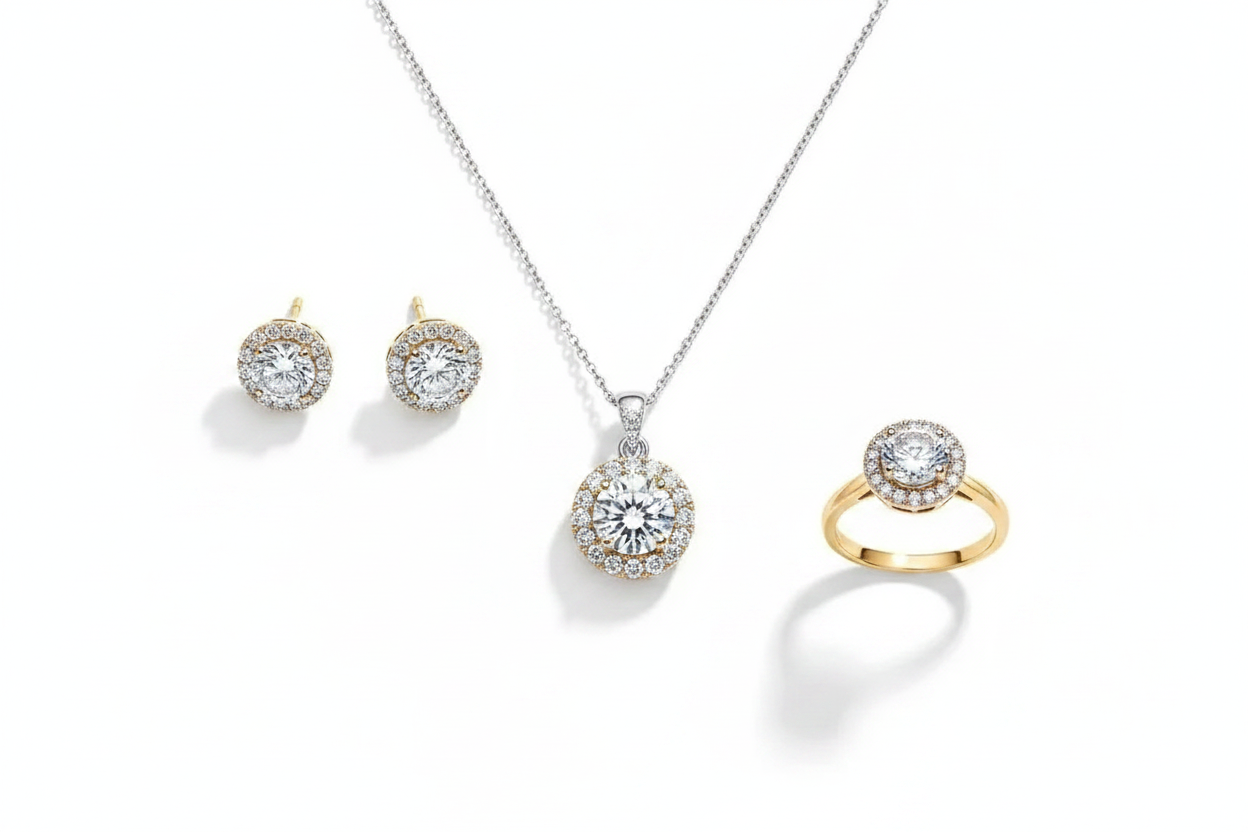 Elegant Round Crystal Pendant Necklace Set for Women | Diamond Style Stud Earrings & Ring Imitation Jewellery | ImiStyleJewellery