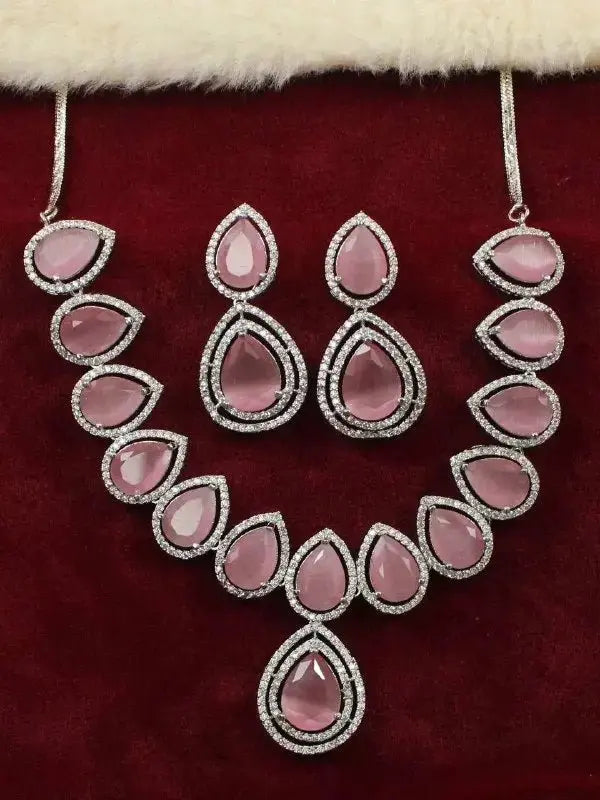 Pink Teardrop Stone Necklace Set with Earrings | Luxury CZ Diamond Jewellery Set for Women - Imistyle Jewellery