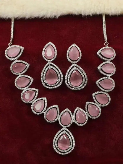 Pink Teardrop Stone Necklace Set with Earrings | Luxury CZ Diamond Jewellery Set for Women - Imistyle Jewellery