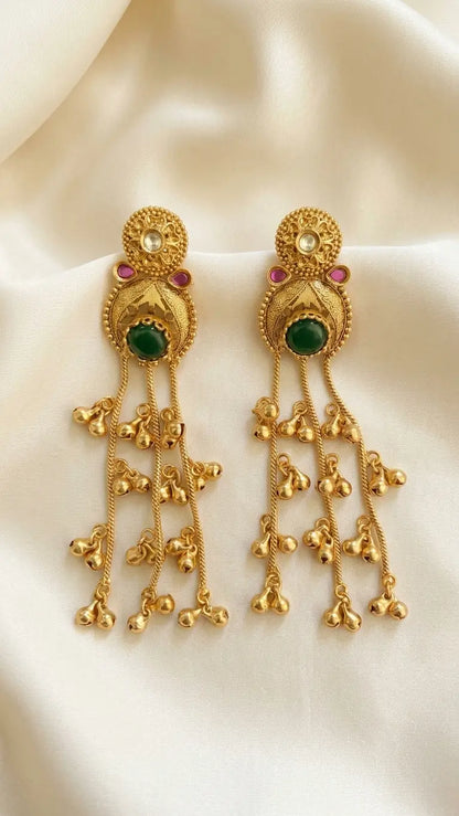Antique Gold Chandbali Earrings with Green Stone & Bead Tassels - Imistyle Jewellery