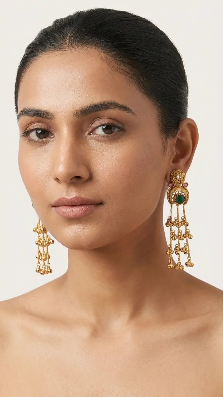 Antique Gold Chandbali Earrings with Green Stone & Bead Tassels - Imistyle Jewellery
