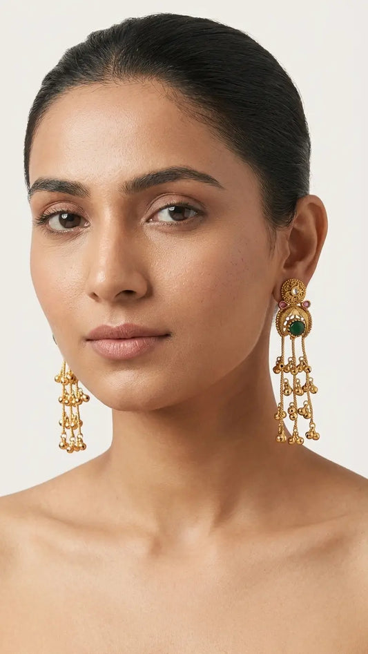 Antique Gold Chandbali Earrings with Green Stone & Bead Tassels - Imistyle Jewellery
