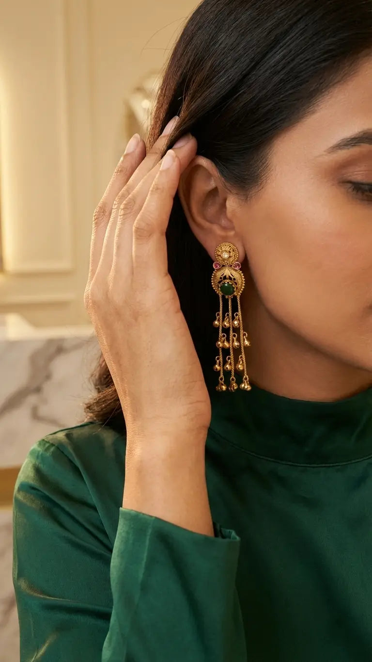 Antique Gold Chandbali Earrings with Green Stone & Bead Tassels - Imistyle Jewellery